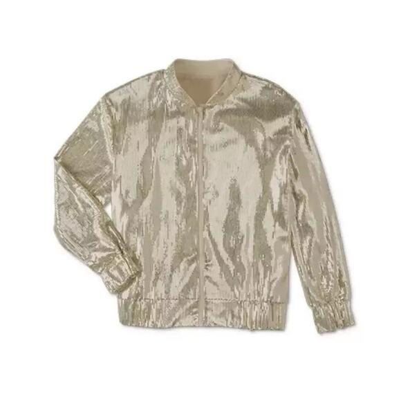 Serra Sequin Bomber Jacket Gold 90s Glam Aldi Tik Tok Viral Ladies Sz L Y2K NWT - Picture 1 of 9